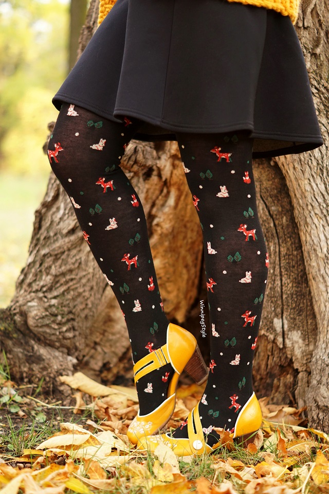 Winnipeg Style fashion blog, Canadian stylist, personal shopper, Tabbisocks animal deer rabbit forest friends tights, John Fluevog Viardot Operetta mustard yellow comfy heels